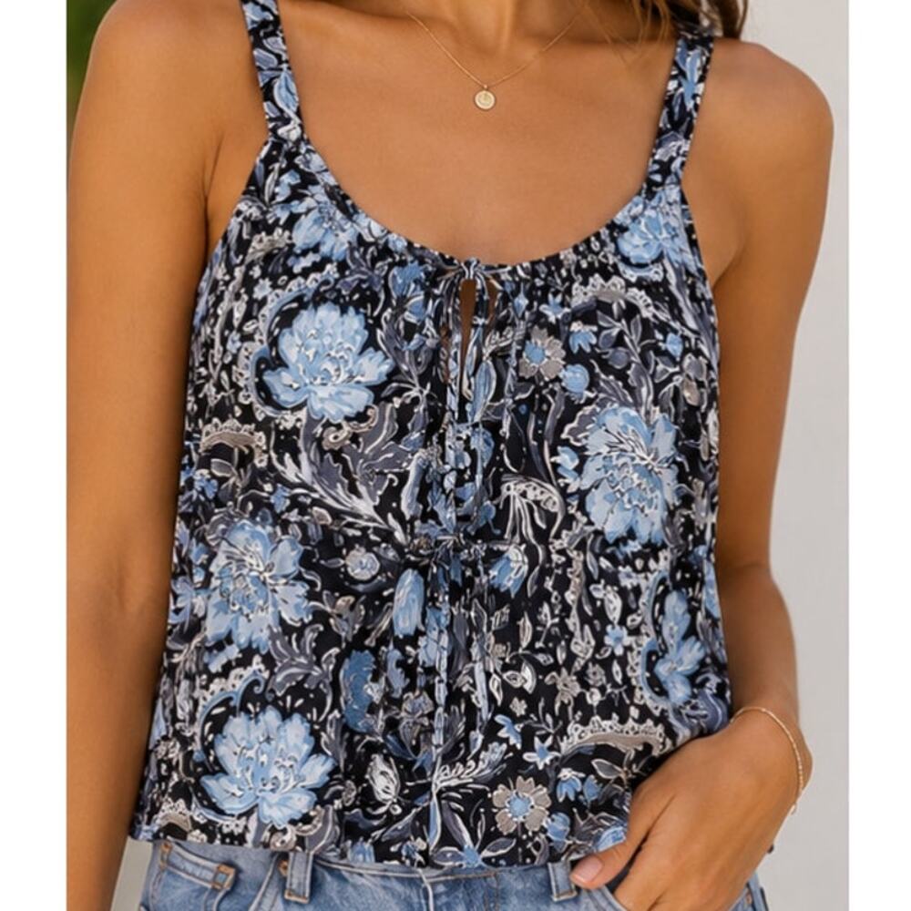 Tahari 100% Linen Floral Tie Front Crop Tank Top Blue Shades L Resort Coastal
